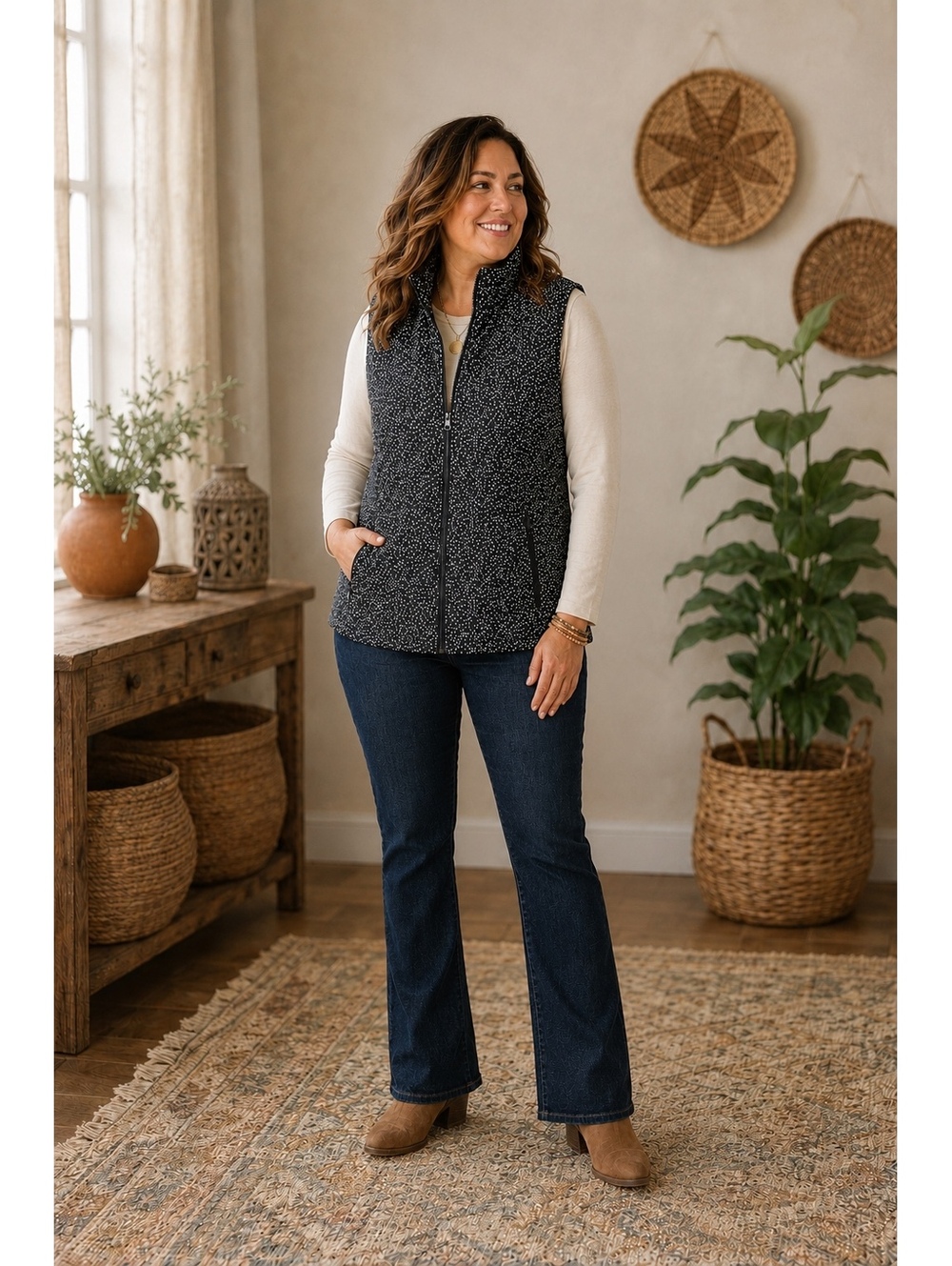CJ Banks Women’s 1X Gray White Dot Quilted Puffer Vest